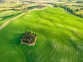 Beautiful landscape of Tuscany in Italy - Group of italian cypresses near San Quirico dÃÂ´Orcia - aerial view - Val dÃ¢â¬â¢Orcia, Royalty Free Stock Photo